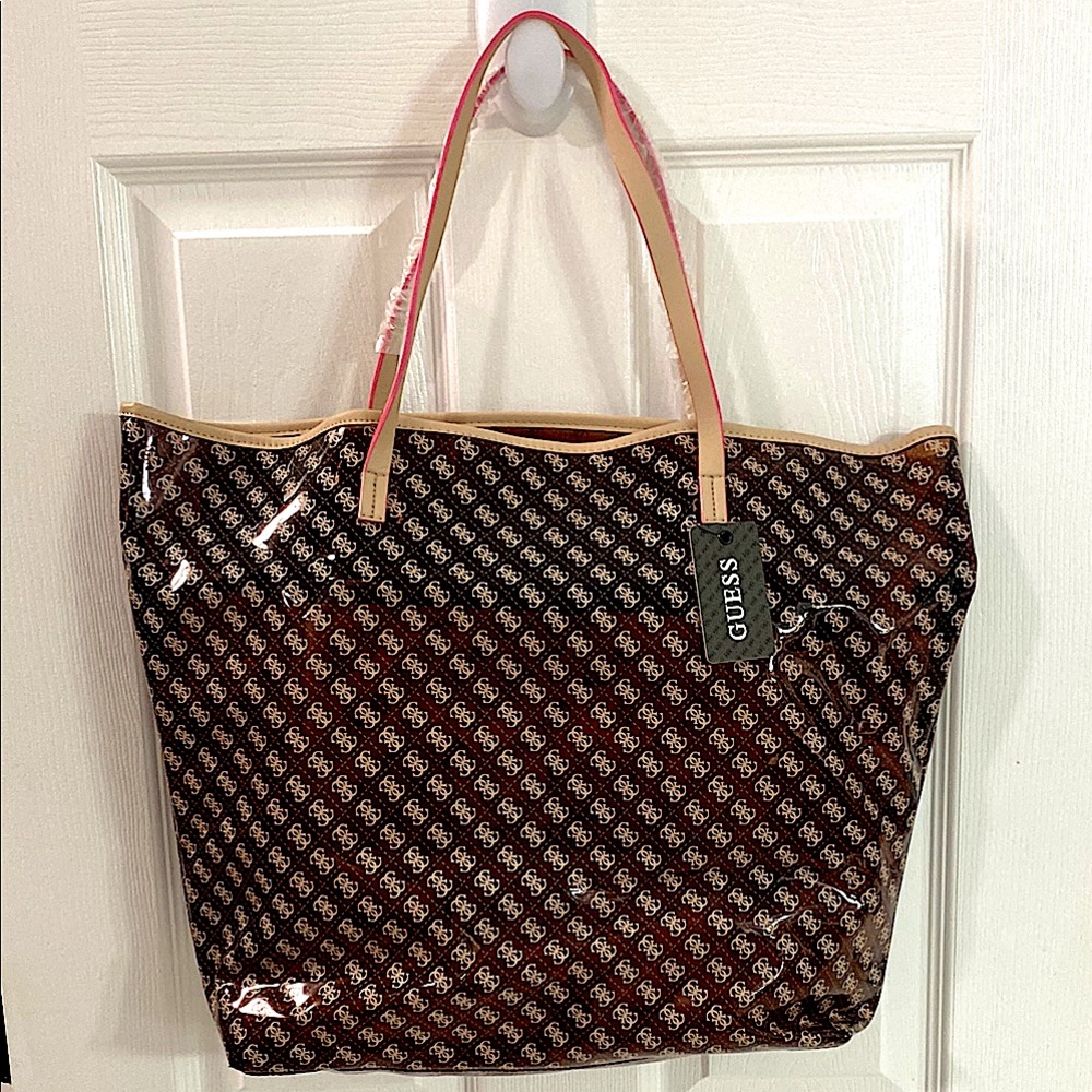 NEW Guess Brown and Tan Geometric Tote Bag with Pink Trim!